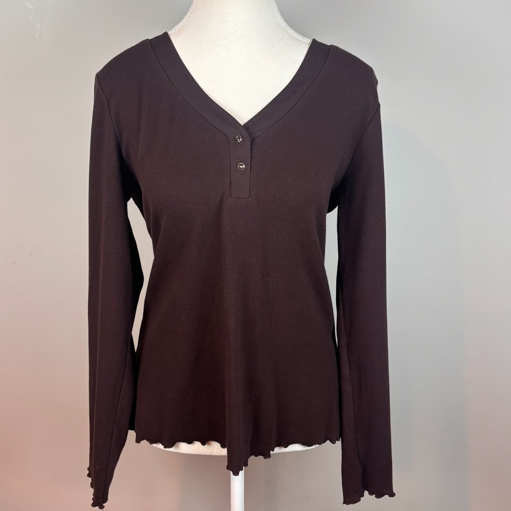 Vintage Fashion Bug Womens Brown Ribbed Cotton Henley Top Scallop Hem sz XL
